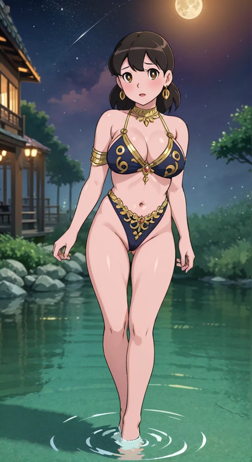  front view, gold armbands , large breasts, nude pussy visible, ornate dupatta in hand, submerged in the ganga river, full moon in background, full body view, moonlit night, photorealistic, 4k image