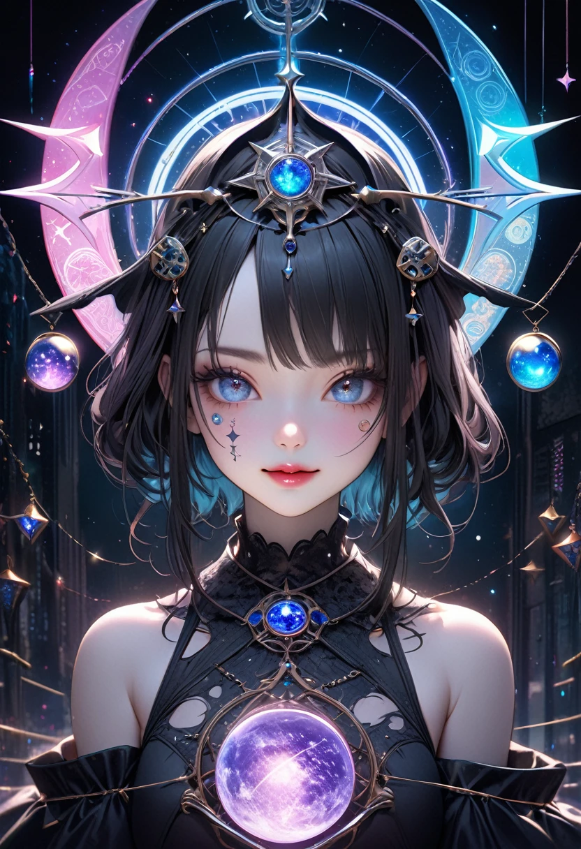 a mystical astrological girl, starry night sky, occult symbols, magical astrology, astrologer, dark moody lighting, intricate celestial patterns, astronomical occult divination, mystical astrology, planetary alignment, zodiac signs, horoscope, tarot, esoteric rituals, mysterious atmosphere, neon-lit urban background, dark tones, dramatic lighting, detailed rendering, cinematic composition, fantasy, hyperrealistic, vibrant colors, atmospheric, moody, dramatic, bright large star accessories on cheeks, beautiful detailed eyes, beautiful detailed lips, extremely detailed facial features, long eyelashes, porcelain skin, cute expression, mischievous smile, ripped clothes, torn clothing, idol aesthetic, pastel colors, soft lighting, (highest quality,16k,highres,masterpiece:1.2),ultra-detailed,(ultra-realistic,photo-realistic:1.37), full-body view