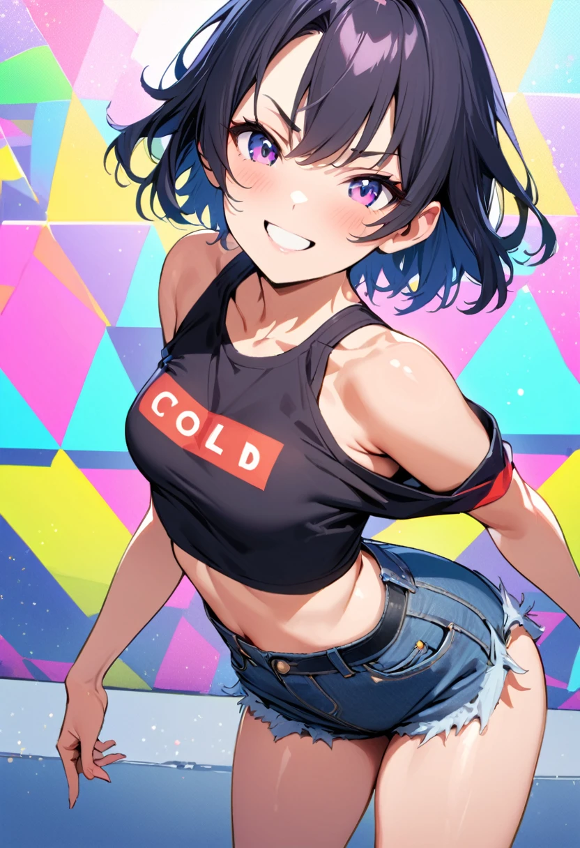 (masterpiece, best quality:1.1),
1girl striding around the city in high spirits,
(cold shoulder cropped t-shirt),denim hot-pants,sneakers, shiny skin,pose focus viewer,
(16yo,detailed face,(darkblue wavy-short hair),parallel eyebrows,middle small breasts),smile,
colorful polkadot background,