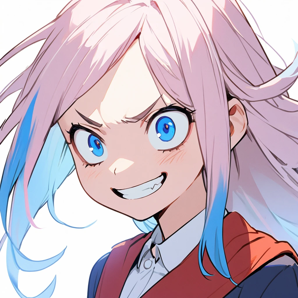 1 girl in the style of Boku no Hero, light pink hair, long hair, hair with blue tips, clear blue eyes, schoolar uniform, White background, Grinning, tilted face