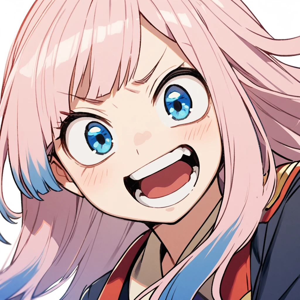 1 girl in the style of Boku no Hero, light pink hair, long hair, hair with blue tips, clear blue eyes, schoolar uniform, White background, Grinning, tilted face