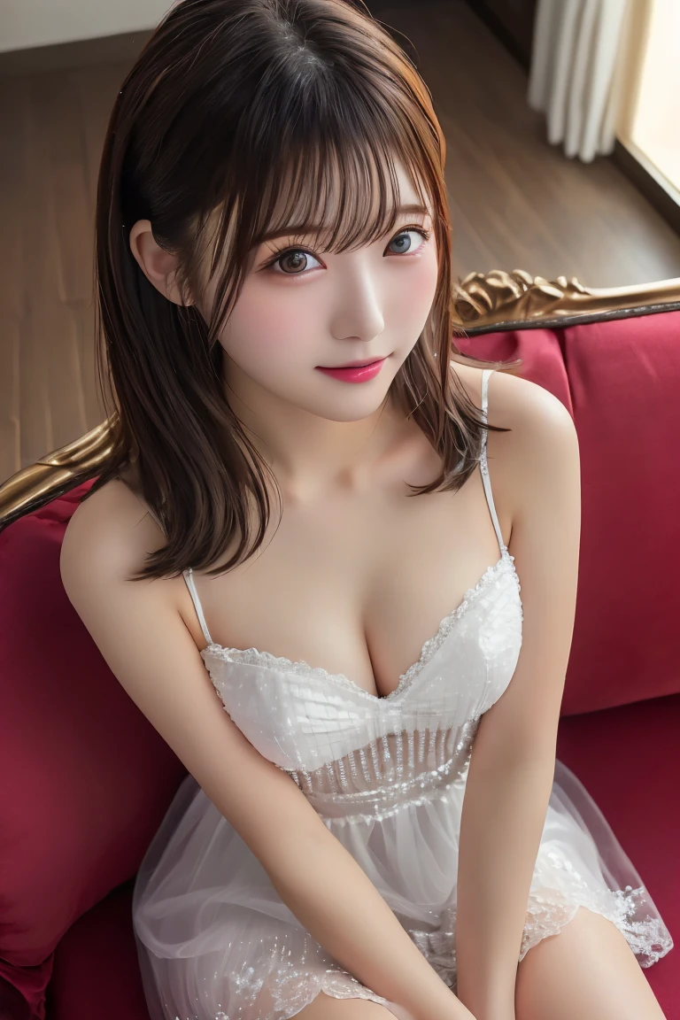 Highest quality, (beautiful)、Cabaret Club、See-through dress、Sit on the sofa、Close-up、Soft 、Shoot from above