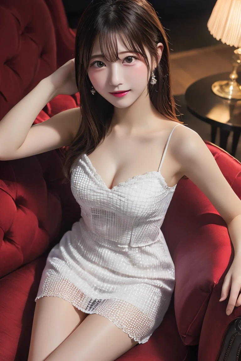 Highest quality, (beautiful)、Cabaret Club、See-through dress、Sit on the sofa、Close-up、Soft 、Shoot from above