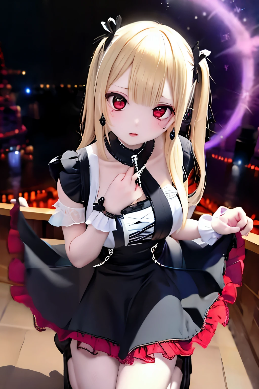 highest quality、Masterpiece、wear a sexy、Red eyes、Wearing a black aura、Staring blankly at the audience、Best Images、Tabletop、Cross Earrings、Beautiful woman、Sexy Dress、