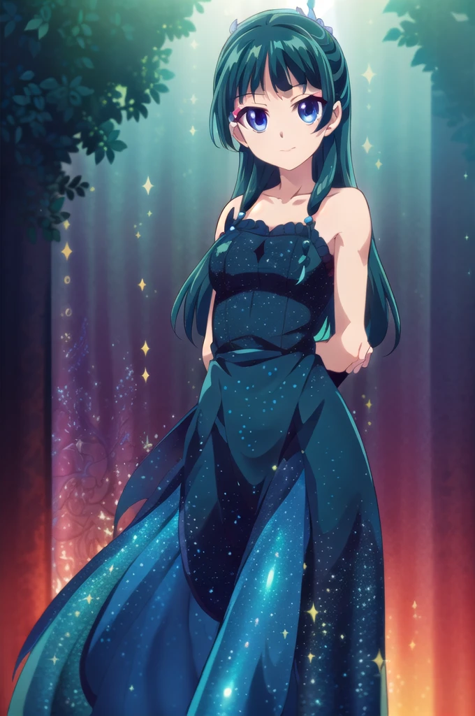 1girl,solo,(cowboy shot),standing,(green hair:1.2),long hair,pig tail,(blue eyes:1.2),(makeup:1.2),(beautiful fingers:1.6),(perfect anatomy:1.6),(arms_behind_back:1.6),(black dress:1.4),(medium breasts:1.4),beautiful breasts,masterpiece,best quality,(Ultra high definition eyes:1.2),8k,(Beautiful detailed eyes:1.2),(Fine and beautiful eyes:1.2),(pretty eyes:1.2),finely detail,extremely CG, absurdres,high resolution,illustration,Detailed and beautiful outlines,finely detail,high resolution,(colorful refraction:1.4,Increase saturation:1.2),beautiful lighting,dynamic lighting,closed room,black background,simple background, smile,looking at viewer,maomao
