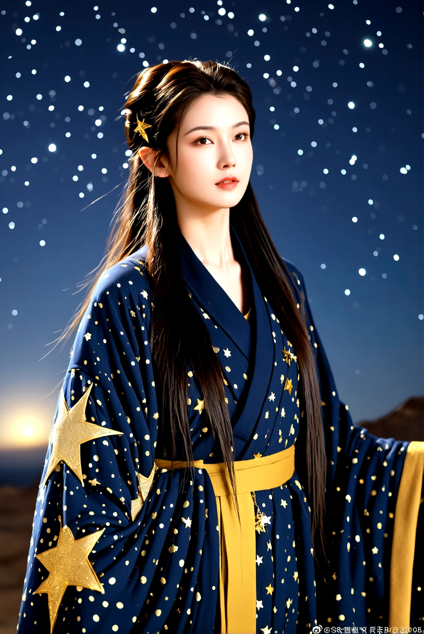 Dark ancient robe，Dotted with golden stars，Sophisticated attire，Long hair，female，Astrologer，1.85 meters