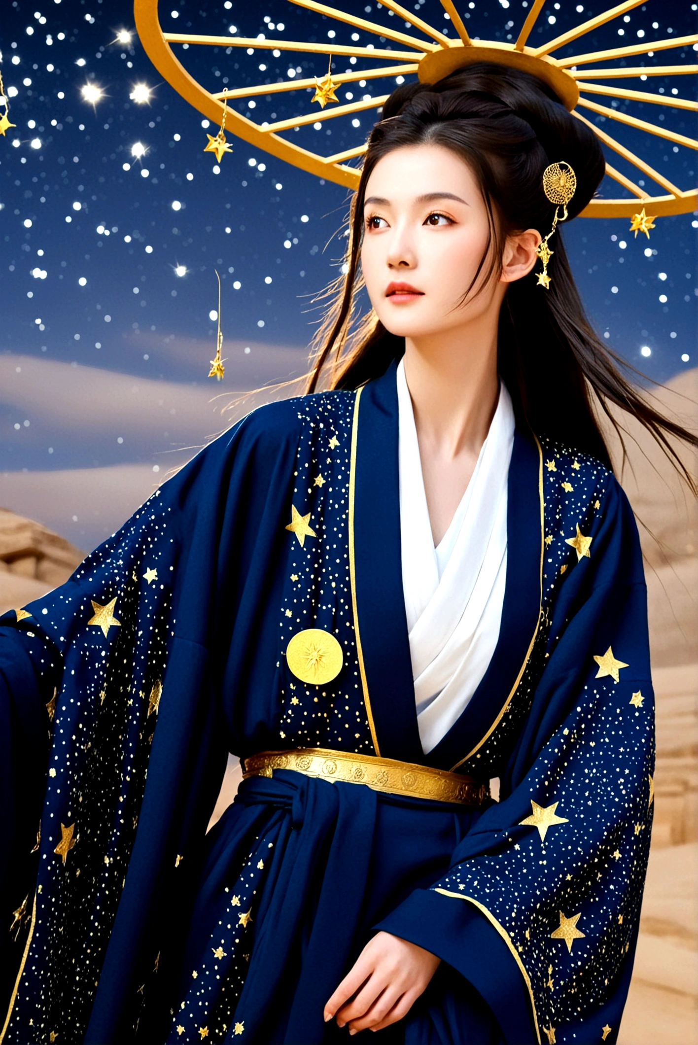 Dark ancient robe，Dotted with golden stars，Sophisticated attire，Long hair，female，Astrologer，1.85 meters