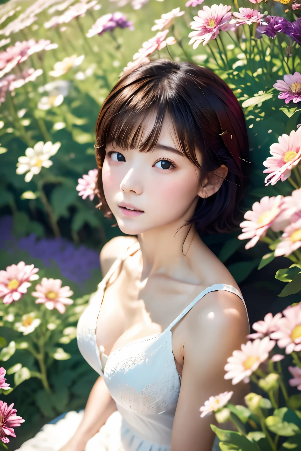 Perfect Anatomy、One Girl、Very delicate and beautiful woman、short hair、Lying in a beautiful flower field、Sleep on your back、White Dress、Artistic、Highest quality、Ultra-detailed、Masseter muscle area、8k、Shooting from above、Professional Photographer、50mmlens