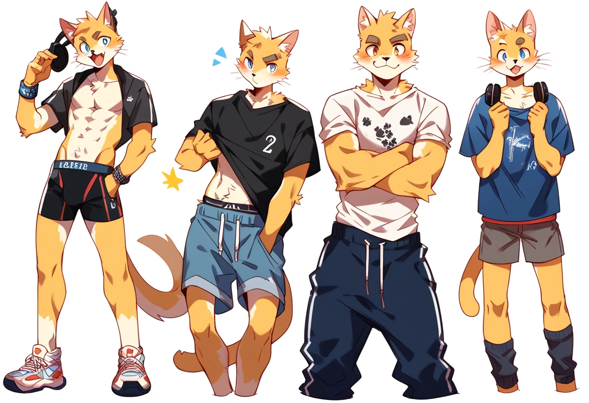 score_9, score_8_up, score_7_up, male, furry, high quality, hires, anthro, teenager, , domestic cat, bright yellow fur, blue eyes, wide brown eyebrows, an excited expression, humanoid feet, slim body, prominent v-line, prominent abs, prominent legs, prominent forearm, prominent knees, white background, treasure trail, armpit hair, furry legs, in various sexy poses, headphones, casual clothes, pulled up shirt, joggers, holding bare calfs