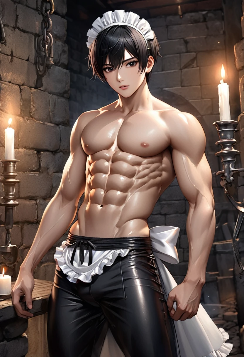 high quality, detailed, Realistic, (19 years old japanese idol maid boy), (detailed black eyes), (black short hair), (abs:1.5), (shiny skin), dungeon, apron, head dress, (tiny thongs), (bulge:1.2), candle, (detailed nipples), detailed areola,