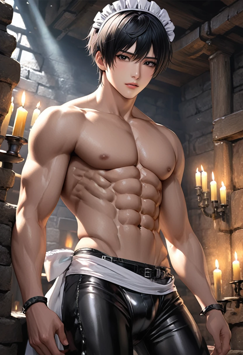 high quality, detailed, Realistic, (19 years old japanese idol maid boy), (detailed black eyes), (black short hair), (abs:1.5), (shiny skin), dungeon, apron, head dress, (tiny thongs), (bulge:1.2), candle, (detailed nipples), detailed areola,