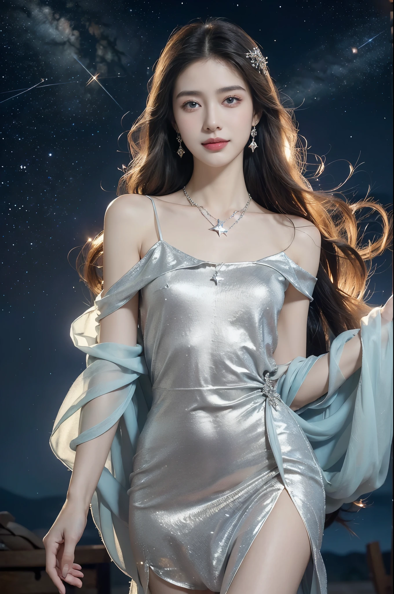 (((best quality))),(((ultra detailed))),(((masterpiece))),illustration,((A beautiful female astrologer,solo)),((slim,thin)),((small breasts,flat chest)),((shoulder length straight hair)),(laughing:1.2),(earrings,necklace),(sparkled sheer shirt-dress:1.3),standing beneath a magical summer night, stars twinkling in the velvety darkness,starry sky, sapphire eyes filled with wonder, flowing ethereal gown mimicking the stars, silver pendant shaped like a horoscope,serene smile and captivating gaze, celestial beauty and mystery, solace and inspiration in the vast expanse of the universe,((from front,upper body))
