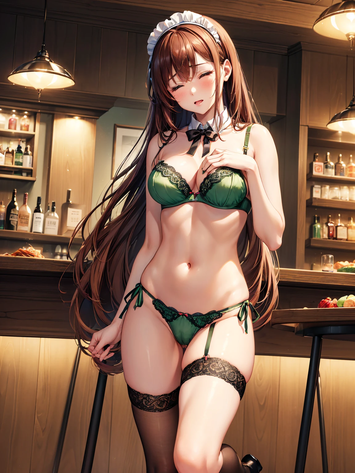 (((masterpiece, Highest quality, High resolution, 超High resolution, Perfect Pixel, Depth of written boundary, 4K, RTTX 10.0))), Beautiful Anime Women, Beautiful art style, Anime characters, ((Smooth texture, Realistic texture, Anime CG Style)), Exact finger count、Exact number of legs、(Exact number of arms:1.0, Exact number of hands:1.0), (Perfect hands, Perfect Anatomy), Cinematic, Realistic, Extremely detailed CG, Daytime lighting, Perfect lighting, Best Shadow, The best natural light, whole body, Perfect body, バランのとれたPerfect body, Perfectly balanced style, (Slender body:1.2), ((Long Hair, bangs, Reddish brown hair, Stylish hairstyle)), ((A cute woman stands with her hands in her panties:1.8)), (Put one hand in your panties:1.8), (fingering:1.8), (pussy juice:1.5), ((Bow tie around neck, High heels:1.3), (Sexy and cute green underwear:1.3), (Stylish shiny green satin panties, Side-tie panties, The panties are plain green in the center with lace decoration on the sides.:1.3), (Thin panties:1.3), (Green micro lace satin bra, Green bra with lace trim, Thin bra:1.3), (garter belt, Black knee socks:1.3):1.3), (Beautiful big , Cleavage:1.1), (Embarrassed expression:1.4), blush, (sexual pleasure expression:1.5), (The expression of someone who is holding in the toilet:1.4), (Look up, Mouth half open, Half-close your eyes:1.4), (Stylish bar, Stylish restaurant, Many customers in the background, A busy store, Chair, table:1.3), naked, In underwear, Waitress in underwear, (Frilly maid-like headband:1.2), whole body, Angle from the front, chizuru