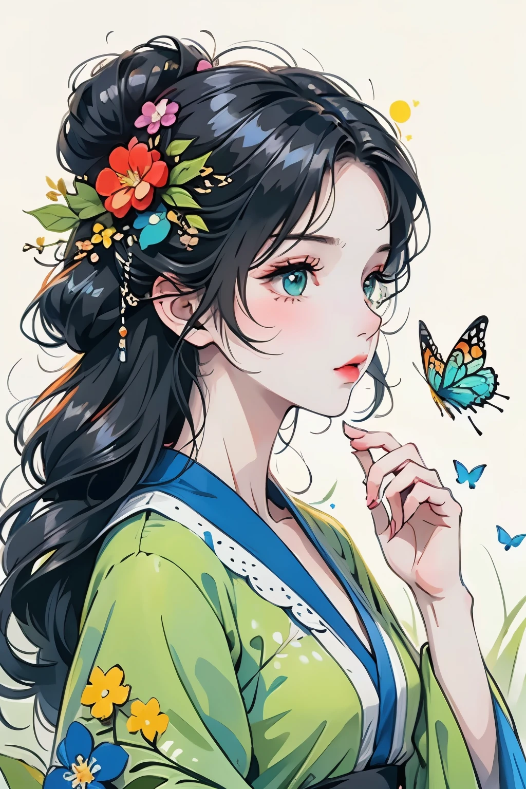 a vibrant girl with flowing black hair, surrounded by colorful butterflies, in a simple, stylized illustration with green, blue, and orange collage elements, lush green foliage, and a few delicate flowers, set against a clean, minimalist background