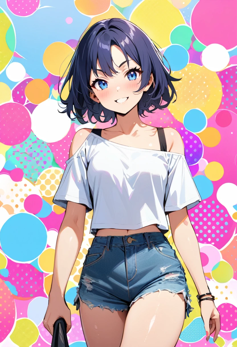 (masterpiece, best quality:1.1),
1girl striding around the town in high spirits,
(cold shoulder cropped t-shirt),denim hot-pants,sneakers, shiny skin,pose focus viewer,
(16yo,detailed face,(darkblue wavy-short hair),parallel eyebrows,middle small breasts),smile,
colorful polkadot background,