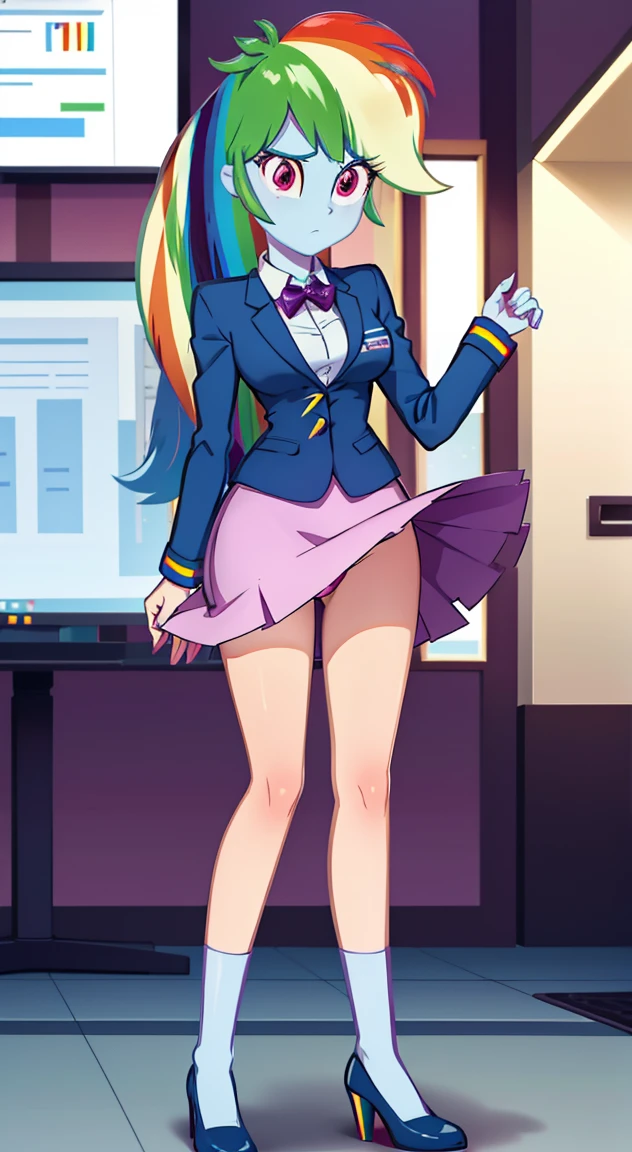 (1girl, Rainbow Dash, pussy), (show accurate , Equestria girls), business suit, blazer, pencil upskirt, bare legs, high heels, office lady, posing, upskirt, 18yr old, slut, shirt lift, exposed breasts, pussy