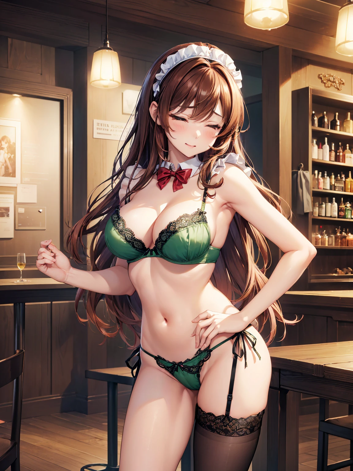 (((masterpiece, Highest quality, High resolution, 超High resolution, Perfect Pixel, Depth of written boundary, 4K, RTTX 10.0))), Beautiful Anime Women, Beautiful art style, Anime characters, ((Smooth texture, Realistic texture, Anime CG Style)), Exact finger count、Exact number of legs、(Exact number of arms:1.0, Exact number of hands:1.0), (Perfect hands, Perfect Anatomy), Cinematic, Realistic, Extremely detailed CG, Daytime lighting, Perfect lighting, Best Shadow, The best natural light, whole body, Perfect body, バランのとれたPerfect body, Perfectly balanced style, (Slender body:1.2), ((Long Hair, bangs, Reddish brown hair, Stylish hairstyle)), ((A cute woman stands with her hands in her panties:1.8)), (Put one hand in your panties:1.8), (fingering:1.8), (pussy juice:1.5), ((Bow tie around neck, High heels:1.3), (Sexy and cute green underwear:1.3), (Stylish shiny green satin panties, Side-tie panties, The panties are plain green in the center with lace decoration on the sides.:1.3), (Thin panties:1.3), (Green micro lace satin bra, Green bra with lace trim, Thin bra:1.3), (garter belt, Black knee socks:1.3):1.3), (Beautiful big , Cleavage:1.1), (Embarrassed expression:1.4), blush, (sexual pleasure expression:1.5), (The expression of someone who is holding in the toilet:1.4), (Look up, Mouth half open, Half-close your eyes:1.4), (Stylish bar, Stylish restaurant, Many customers in the background, A busy store, Chair, table:1.3), naked, In underwear, Waitress in underwear, (Frilly maid-like headband:1.2), whole body, Angle from the front, chizuru