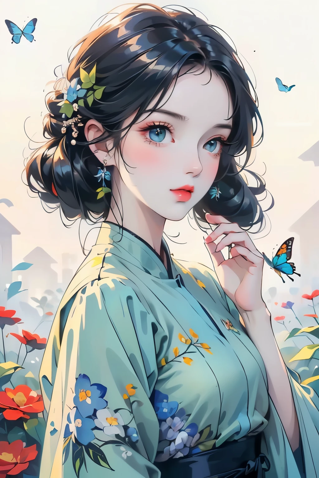 a beautiful girl with long black hair, butterflies, colorful collage of green, blue, and orange, green plants, few flowers, clean background, (best quality,4k,8k,highres,masterpiece:1.2),ultra-detailed,(realistic,photorealistic,photo-realistic:1.37),vibrant colors,soft lighting,elegant,whimsical