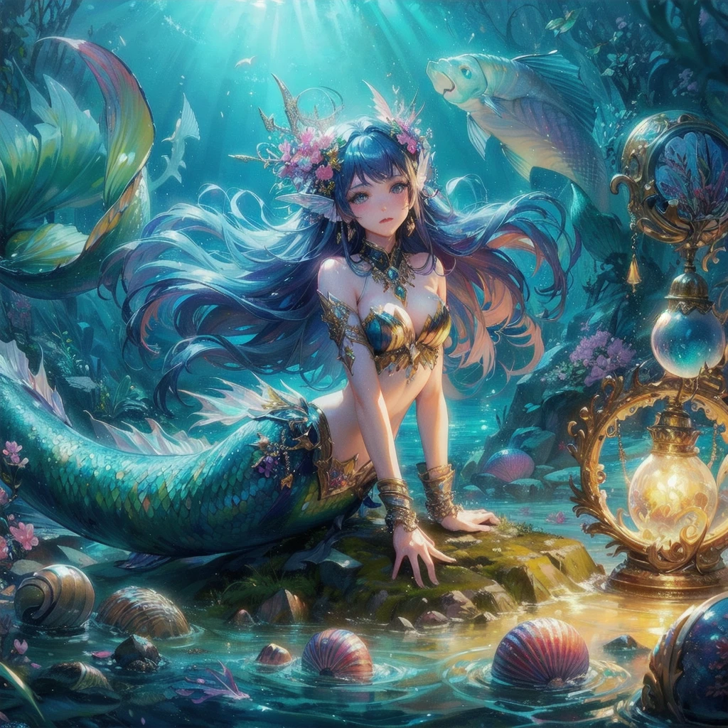  masterpiece, (textured skin), best quality, gorgeous beautiful girl, (a female 
mermaid),,detailed clothes,large breasts,narrow waist,, (beautiful face), cinematic lighting, (fantasy anime art ),