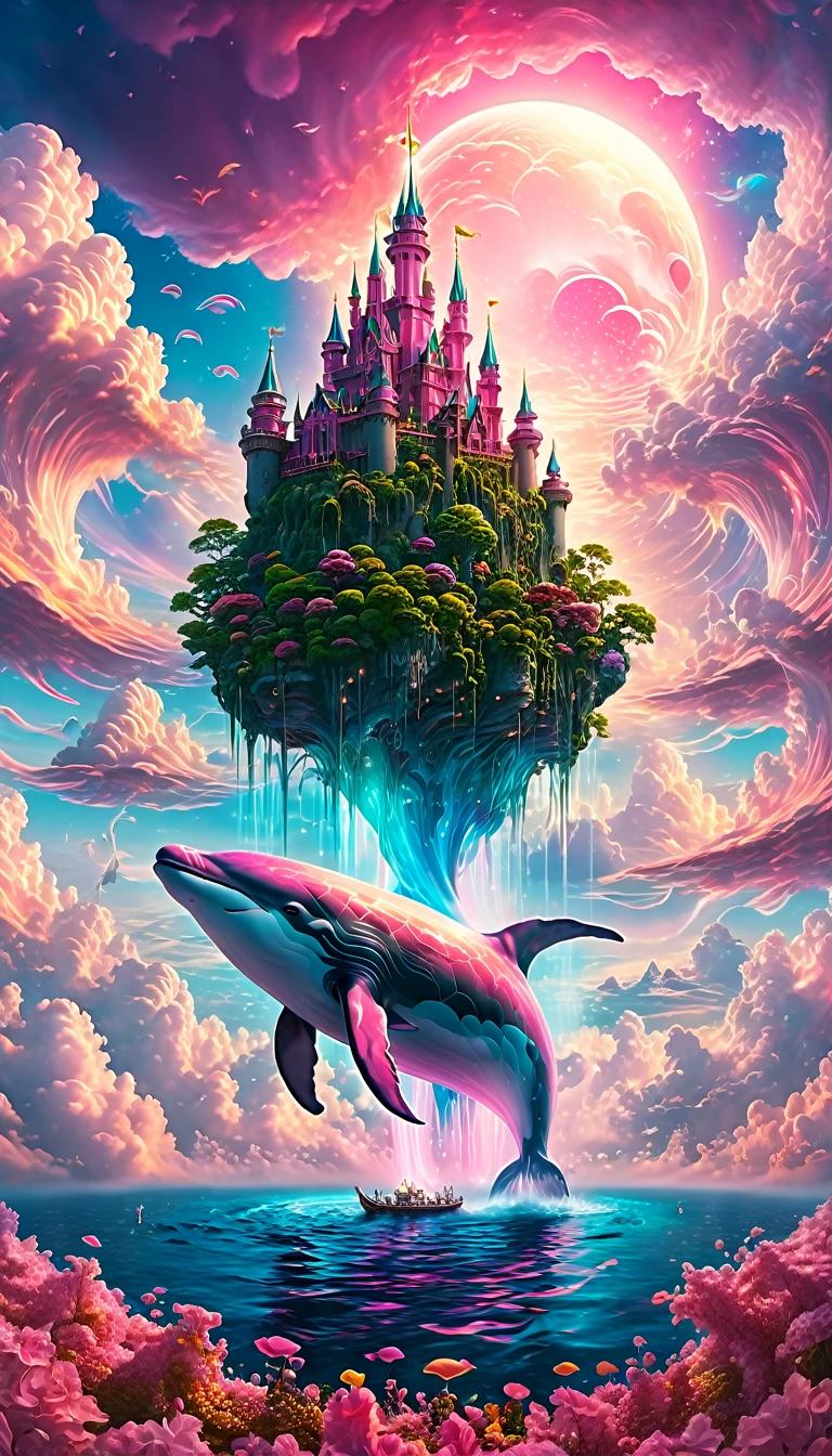 (a Dream Castle on the back of a pink majestic whale) floating above the clouds of sky, dream castle, pink majestic whale,(best quality,4k,8k,highres,masterpiece:1.2),ultra-detailed, ethereal, dreamlike, surreal, with a touch of magic, vibrant colors, soft and delicate, blending seamlessly into the clouds, with a serene and tranquil expression, surrounded by a mystical aura, glowing softly, reflecting the sunlight, creating a breathtaking scene