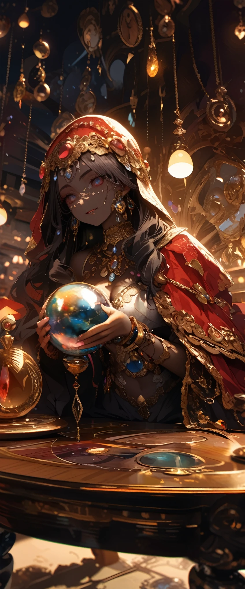 quality\(8k,wallpaper of extremely detailed CG unit, ​masterpiece,hight resolution,top-quality,top-quality real texture skin,hyper realisitic,increase the resolution,RAW photos,best qualtiy,highly detailed,the wallpaper,cinematic lighting,ray trace,golden ratio\), BREAK ,solo,1girl\(Astrologer,Arabic, face hidden by dark shadow,(face veil:1.7),dark skin, shiny skin, cleavage, wearing head_scarf\(shawl\),wearing bedlah\(belly_dance dress\), crystal jewelry, smiling mouth under face veil, black hair, long hair, wavy hair, bracelets, necklace, earrings), BREAK ,background\((very dark:1.4),table\((tarot card:1.3),big beautiful crystal ball, pendulum, pendulum board, astrolabe, candelabra\(candles\)\), shiny runes floating in air, dark sky\(many shiny stars\(zodiacs\)\)\),(long shot),(wide shot),from bottom