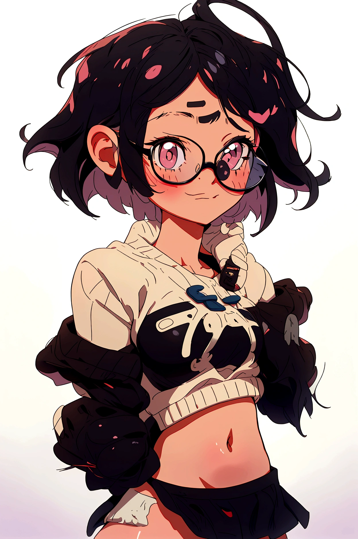 A bob-cut elementary school girl wearing glasses without underwear, no wearing, rubbing her breasts, large breasts, looking up, black hair, winking, inside school, pastel colors, sad, summer