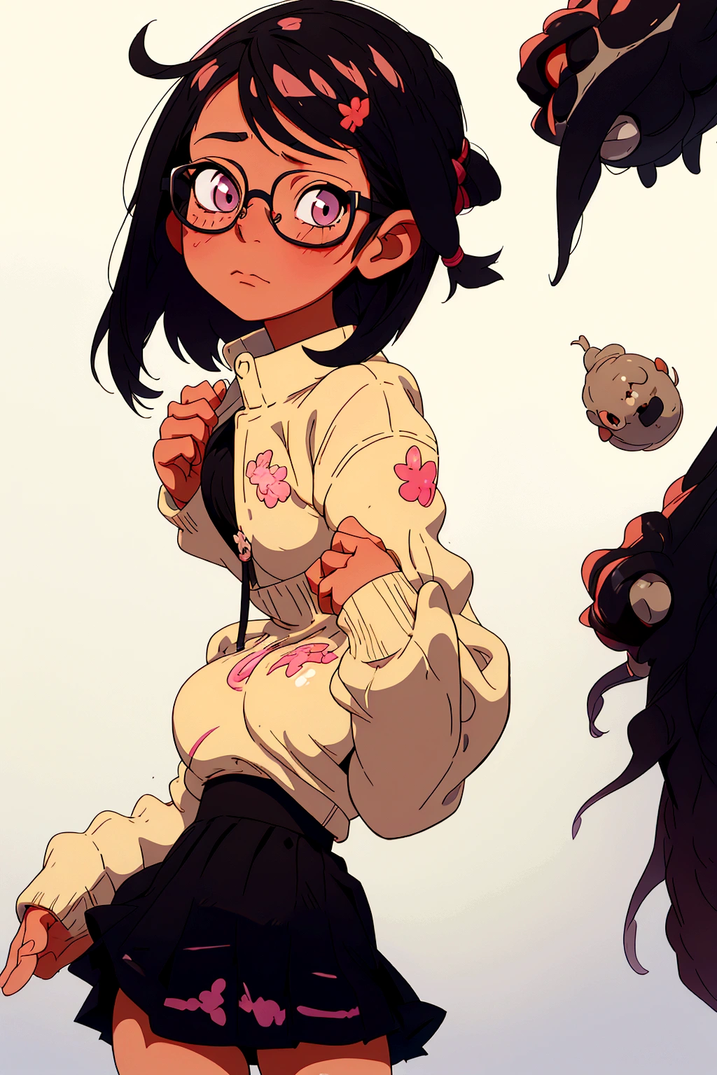 A bob-cut elementary school girl wearing glasses without underwear, no wearing, rubbing her breasts, large breasts, looking up, black hair, winking, inside school, pastel colors, sad, summer