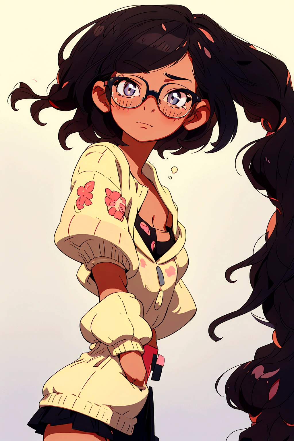 A bob-cut elementary school girl wearing glasses without underwear, no wearing, rubbing her breasts, large breasts, looking up, black hair, winking, inside school, pastel colors, sad, summer