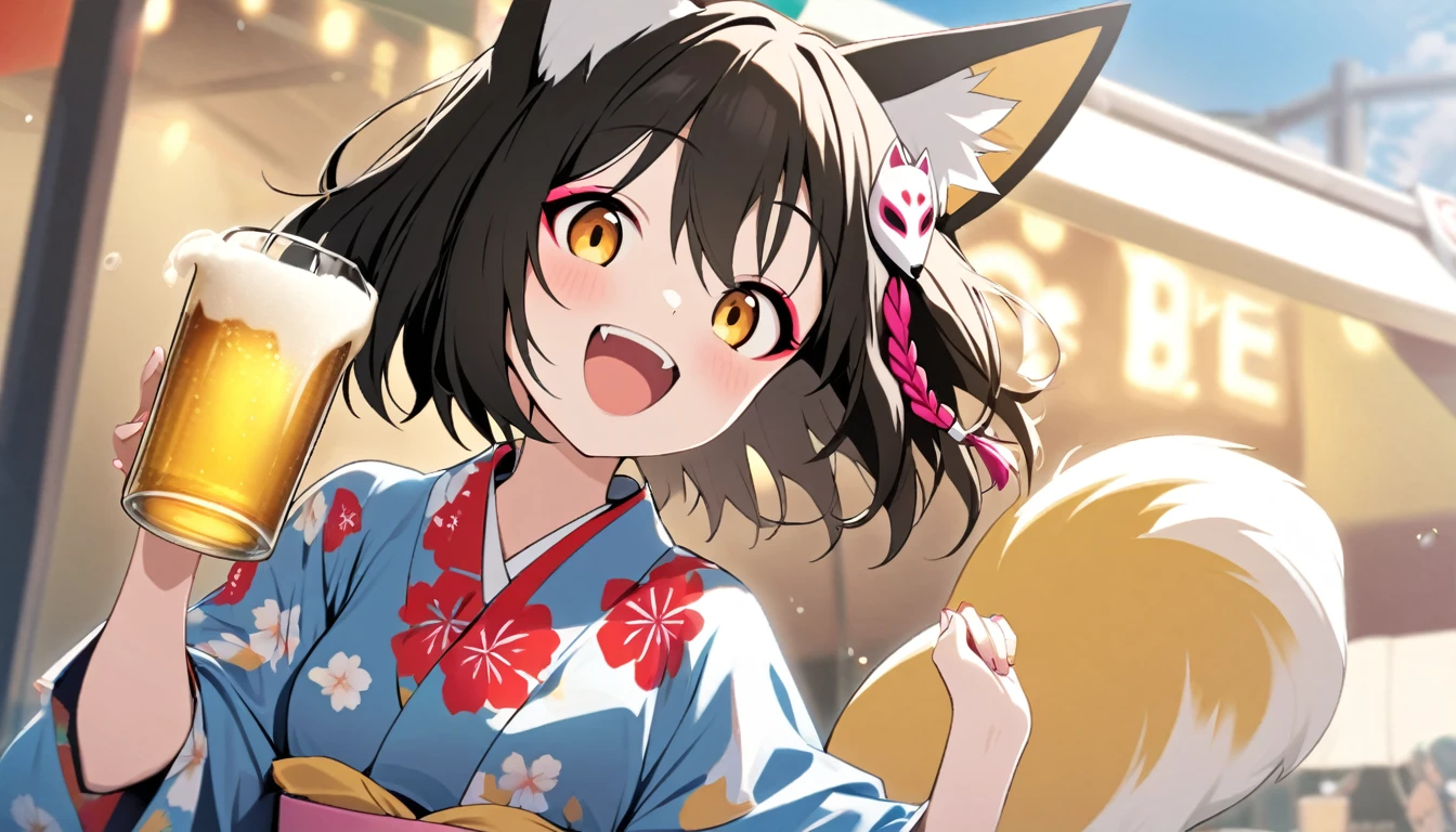 izuna(blue archive),1 woman,solo,open mouth, smile,fox ear,one Light brown thick tail,yukata, she has a glass of beer in my hand,small breasts,Looks like fun,summer beer festival,sunny day