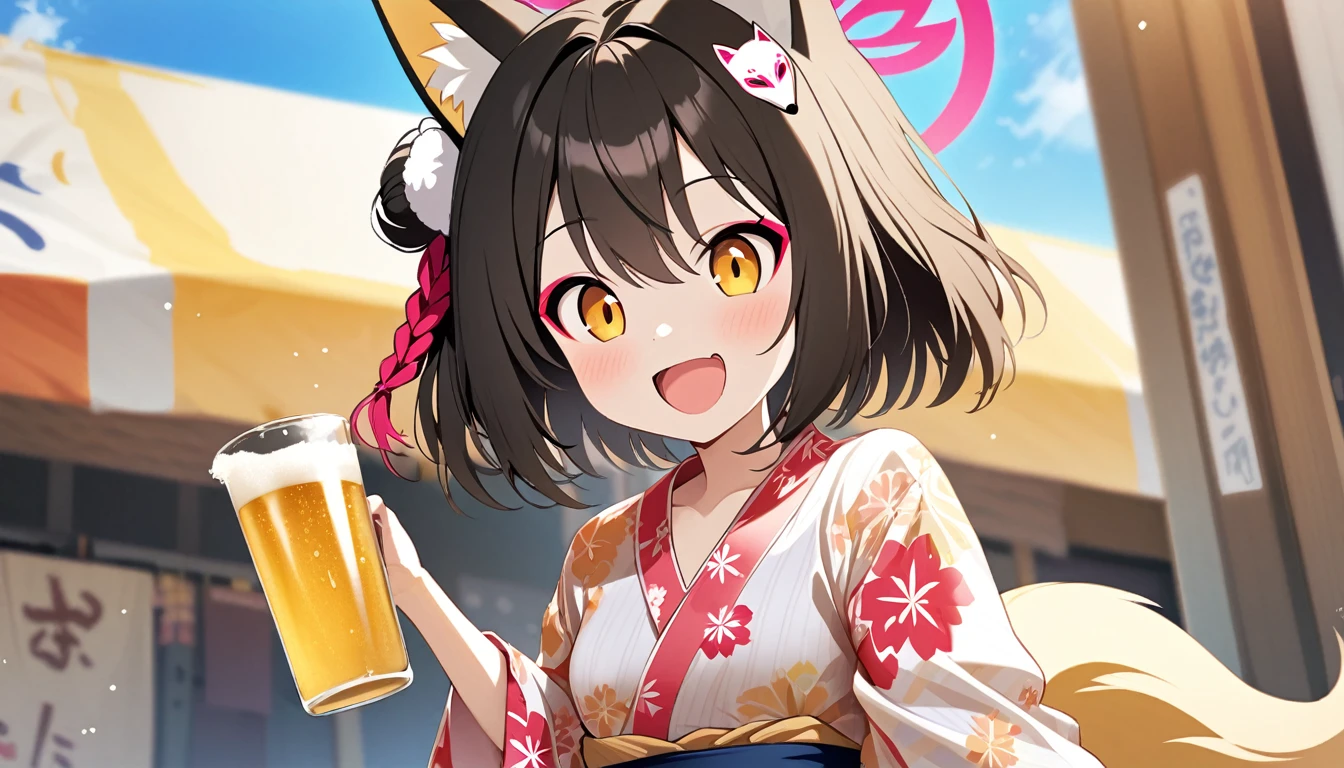 izuna(blue archive),1 woman,solo,open mouth, smile,fox ear,one Light brown thick tail,yukata, she has a glass of beer in my hand,small breasts,Looks like fun,summer beer festival,sunny day