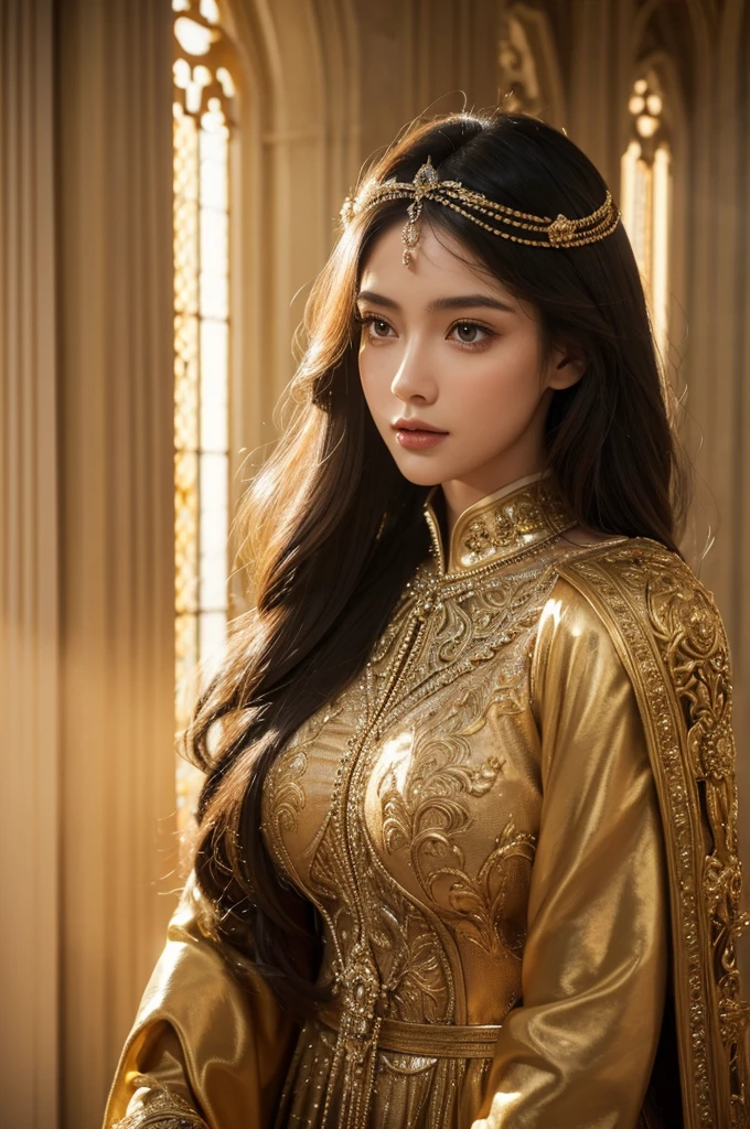a beautiful woman embracing a golden divine figure, ethereal light, intricate religious details, highly detailed, cinematic, dramatic lighting, mystical, fantasy, magic, divine, spiritual, ornate, (best quality,8k,highres,masterpiece:1.2),extremely detailed face and eyes,long flowing hair,elegant dress,heavenly glow,divine rays of light,gothic cathedral backdrop,dramatic shadows,rich colors,photorealistic,cinematic composition