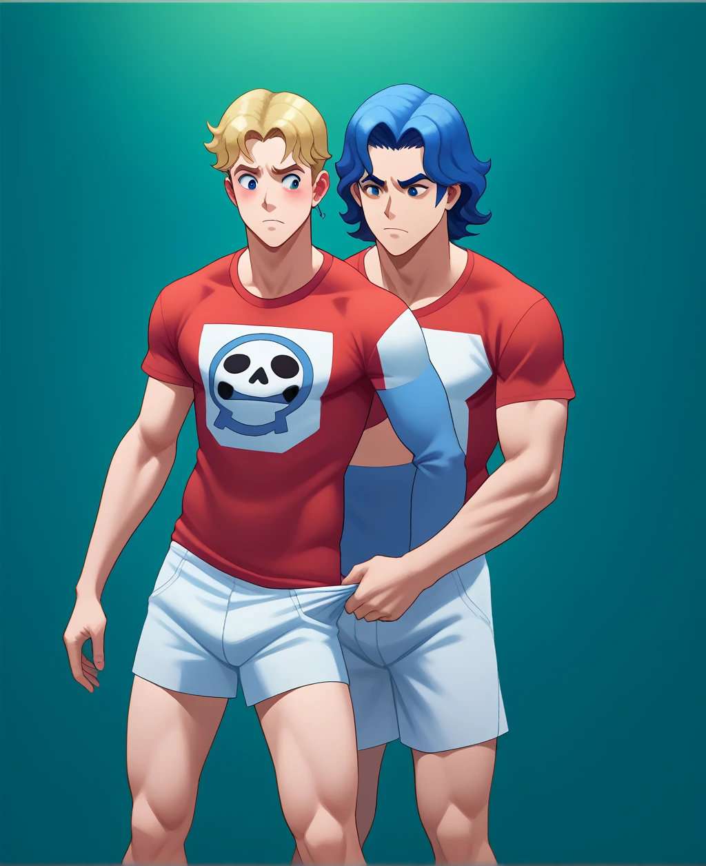 score_9, score_8_en haut, score_7_en haut, score_6_en haut, source_dessin animé, fille , désert AhsS7, bandeau gris || Tenue1, t-shirt bleu, Sans manches, avant-bras, gants sans doigts, armure de hanche, jupe bleu, legging bleu, bottes au genou. gros seins