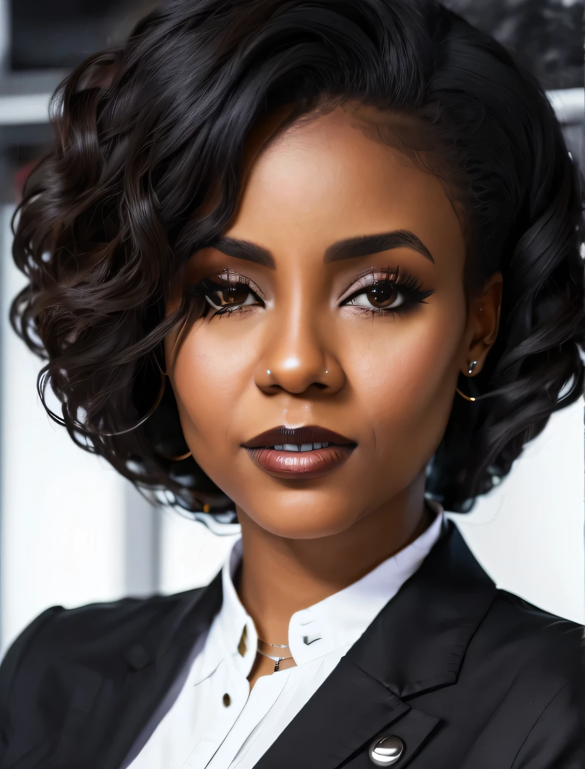 there is a woman with a black jacket and a white shirt, ultra detailed portrait, photo of a black woman, 30 yars old, high quality portrait, detailed beautiful portrait, young black woman, detailed portrait shot, close up portrait shot, detailed beauty portrait, highly detailed portrait, photo of a beautiful woman, medium close up portrait, black young woman, close up portrait