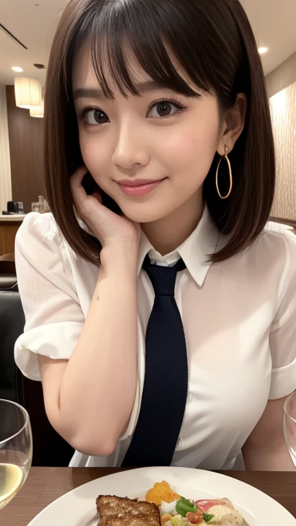（masterpiece）、(Highest quality:1.5)、(Photorealistic:1.2)、(Surreal), (High resolution), (Realistic), (Post-processing),(Sharp focus), Sharp focus:1.2,Backlight, (Improvement of quality:1.4), (Narrow waist)、Big Ass、((Perfectly detailed five-fingered hands)),（Anatomically correct body）、((1 female:1.4))、Japanese、Realistic Skin、（Small chest：1.4）、Bust size is A cup、Pretty woman with perfect figure:1.4,(from the front:1.5), (Enhances the beauty of skin texture:1.1),No makeup、美しいBlack Hair、The best smile、Natural color lip、(Small Mouth:1.4)、The mouth is not open、Thick lips、(Oval Face)、Even bangs、Hide eyebrows with bangs、((33-year-old woman))、Bob Hair、Hair blowing in the wind, (Black Hair, Iris, Watery eyes, Shining Eyes, Bob Cut Hair, Small earrings,), Hair behind the ear、No makeup、(Drooping eyes)、(((One lovely woman)),((A big friendly smile)),(( Small breasts,Small breastsの谷間)),((((Plump Cheeks)))),((whole body：1.５)),very cute,(Baby Face),高級restaurantで、full-course dinner、Wine Party、Bright image、The beauty of wine, Beautiful Face, red wine 、Appetizers、Italian food、Wine bottle、Champagne、sparkling wine、(slimな顔), (The body is slim),restaurant, White wine, slim, wine gl, 中央に置かれたwine gl, Beautiful fine grain, Depth f/2,saturation, High Contrast, Strong light and shadow,Moist Body:1.5、3D texture、Delicate eyes、((In front of the food on the table：1.5)）、White collar shirt and tie、erious expression

