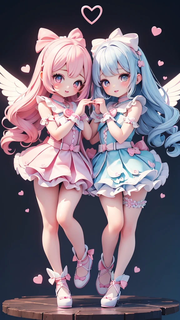 ((petite bishojo, little 2girls)), ((cute face)), ((heart shaped eyes)), ((masterpiece)), ((best quality)), ((ultra detailed)), ((exquisite)), ((depth)), ((crisp)), ((8k)), ((beautiful and aesthetic)), ((super detailed skin)), ((high standard)), ((highres)), ((perfect anatomy)), (full body), (blush), (lipstick), (magical girl), (kawaii pose), (white, blue, black), (perfect hands), (perfect fingers)