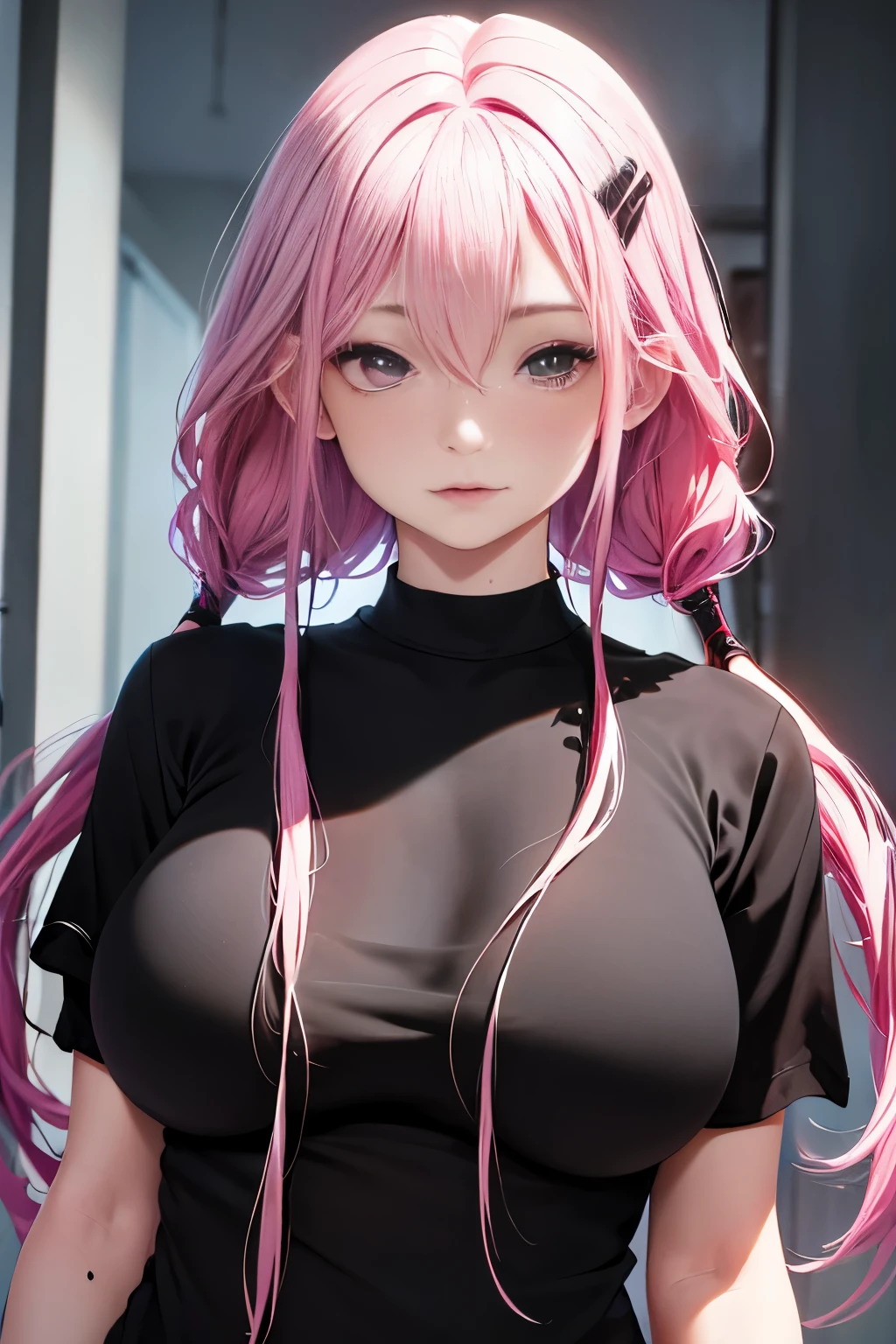 Optimal，masterpiece，High resolution，Highest quality，Teenage Girl, (Upper body photo)、((Tight black t-shirt:1.5)). Cute face，Pink Hair、Long Hair、Twin tails、((Shooting from the front:1.2)), ((Big Breasts:1.2)), Wet and transparent