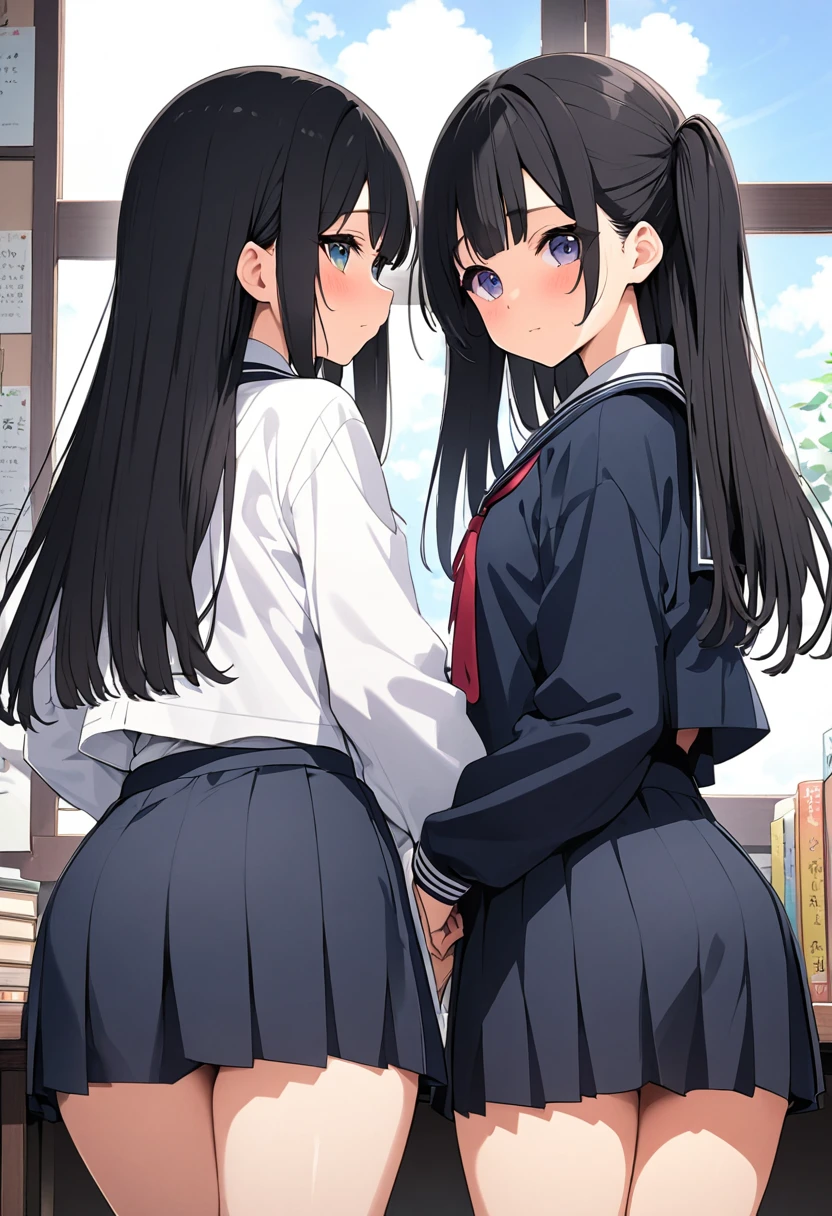 Three sisters with long black hair　Fair-skinned 19-year-old Japanese female college student、Next to me is a  Japanese junior high school girl、Next to her was a 10-year-old elementary school girl.　Raw butt、The size of the ass