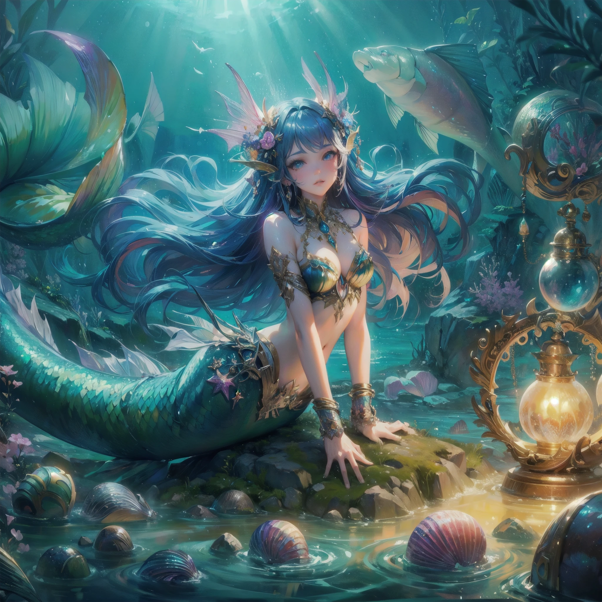 masterpiece, (textured skin), best quality, gorgeous beautiful girl, (a female
mermaid),,detailed clothes,large breasts,narrow waist,, (beautiful face), cinematic lighting, (fantasy anime art ),