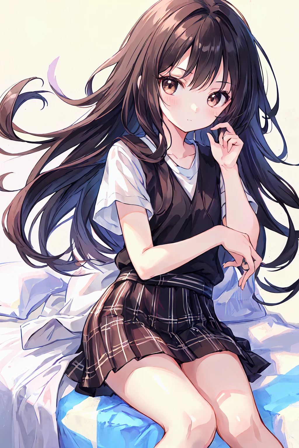 (child),Highest quality,Beautiful face in every detail,cute,Dark brown eyes,(背の低いcute女の子,Little young student,Young and delicate girl),(masterpiece,Highest quality),Black Hair,Sleepy look,Short sleeve white shirt,Plaid white skirt,Pathetic,Pathetic,Pathetic,Underwear is visible,Anatomically correct