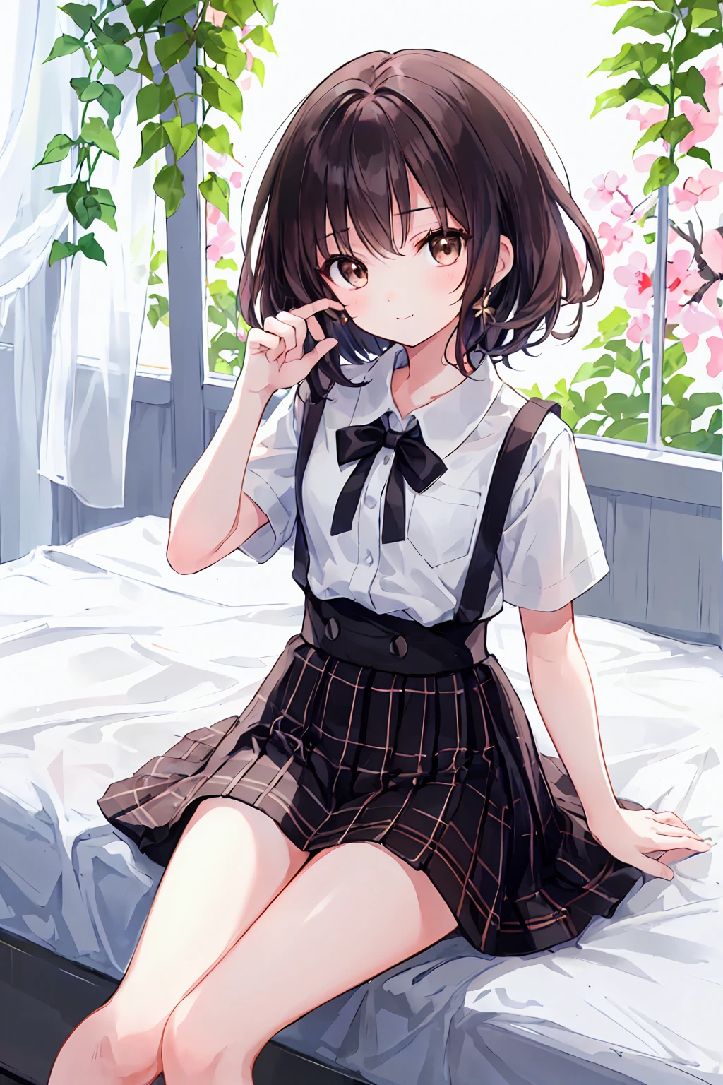 (),Highest quality,Beautiful face in every detail,cute,Dark brown eyes,(背の低いcute女の子,Little young student,Young and delicate girl),(masterpiece,Highest quality),Black Hair,Sleepy look,Short sleeve white shirt,Plaid white skirt,Pathetic,Pathetic,Pathetic,Underwear is visible,Anatomically correct