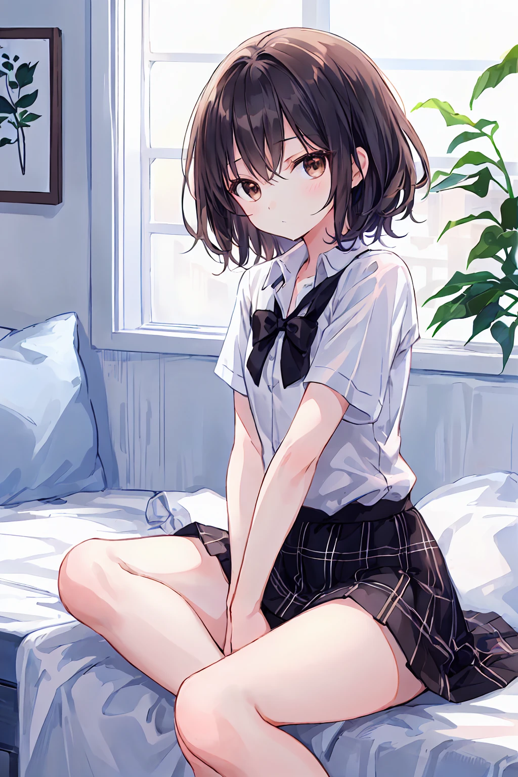 (child)，Highest quality，Beautiful face in every detail，cute，Dark brown eyes，(背の低いcute女の子，Little young student，Young and delicate girl）,（masterpiece，Highest quality)，Black Hair，Sleepy look，Short sleeve white shirt，Plaid white skirt，Pathetic，Pathetic，Pathetic，Underwear is visible，Anatomically correct