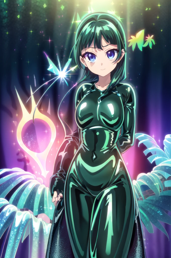 1girl,solo,(cowboy shot),standing,(green hair:1.2),long hair,pig tail,(blue eyes:1.2),(makeup:1.2),(beautiful fingers:1.6),(perfect anatomy:1.6),(arms_behind_back:1.6),(black dress:1.4),(latex luster shiny glossy metallic:1.6),(shiny_clothes:1.6),(medium breasts:1.4),beautiful breasts,masterpiece,best quality,(Ultra high definition eyes:1.2),8k,(Beautiful detailed eyes:1.2),(Fine and beautiful eyes:1.2),(pretty eyes:1.2),finely detail,extremely CG, absurdres,high resolution,illustration,Detailed and beautiful outlines,finely detail,high resolution,(colorful refraction:1.4,Increase saturation:1.2),beautiful lighting,dynamic lighting,closed room,black background,simple background, smile,looking at viewer,maomao