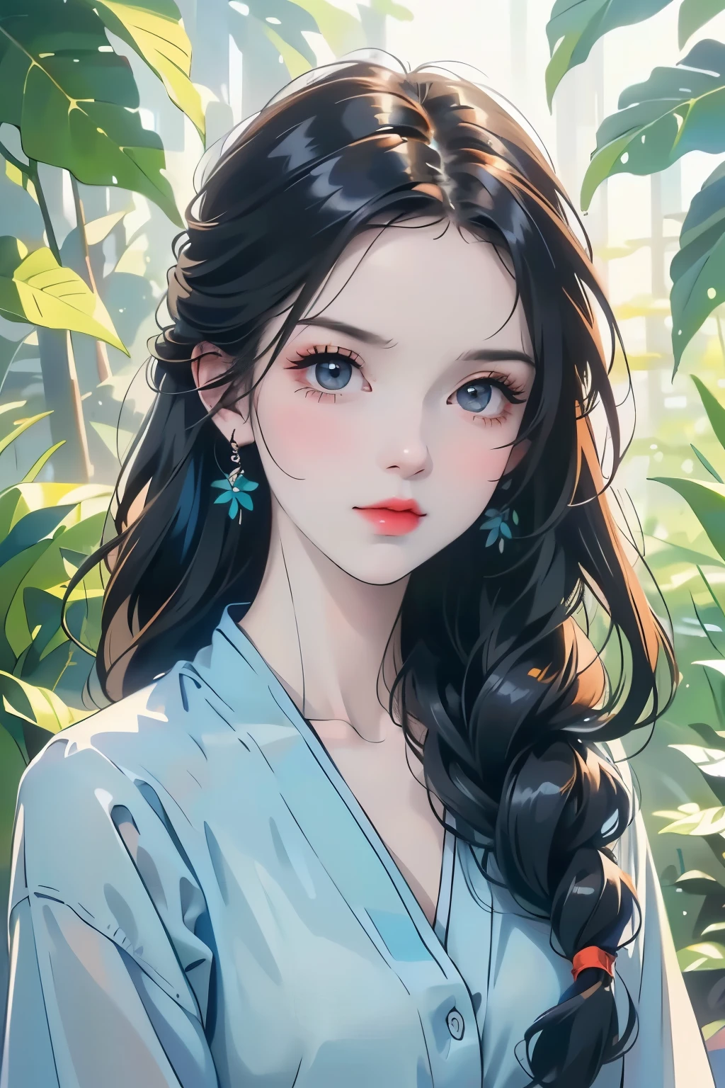 a beautiful young girl with long dark hair, colorful abstract collage of green, blue, and orange shapes, surrounded by lush green foliage, simple elegant style, clean minimalist background, (best quality,8k,highres,masterpiece:1.2),ultra-detailed,(realistic,photorealistic,photo-realistic:1.37),highly detailed portrait,vibrant colors,natural lighting