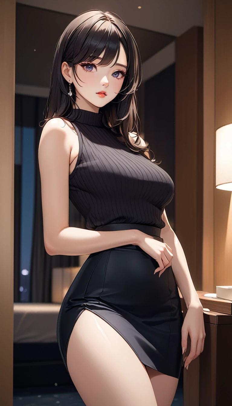 masterpiece, high resolution, beautiful woman, Korean Beauty, 30 years old, black sleeve less sweater, mini pencil skirt, beautiful woman, night hotel, standing and looking at me, high resolution face, (high resolution eyes), black hair, little curvy