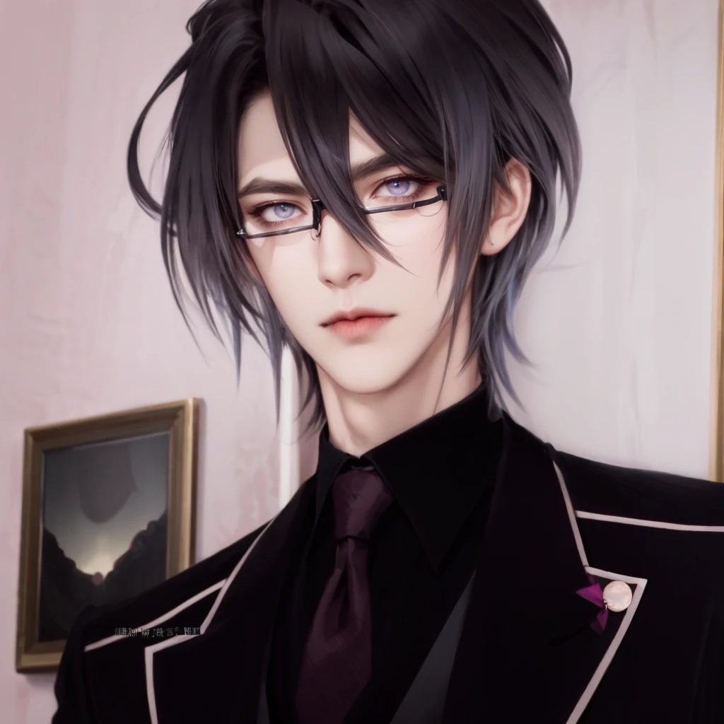 (masterpiece,best quality,ultra_detailed,highres,absurdres),1 mature male, 30-ish, (wide shoulder), (muscular), male focus, solo, dark grey hair, chain, shirt, black necktie, necktie, simple background, dark pink eyes, upper body, vest, long hair, looking at viewer, parted lips, collared shirt, round eyewear, long sleeves, black shirt, black vest, glasses, monocle, jewelry, lawyer, court background.