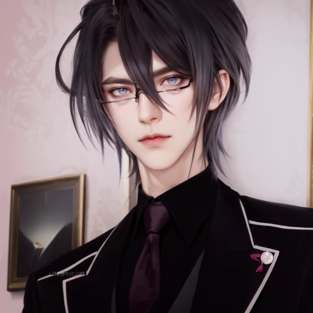 (masterpiece,best quality,ultra_detailed,highres,absurdres),1 mature male, 30-ish, (wide shoulder), (muscular), male focus, solo, dark grey hair, chain, shirt, black necktie, necktie, simple background, dark pink eyes, upper body, vest, long hair, looking at viewer, parted lips, collared shirt, round eyewear, long sleeves, black shirt, black vest, glasses, monocle, jewelry, lawyer, court background.