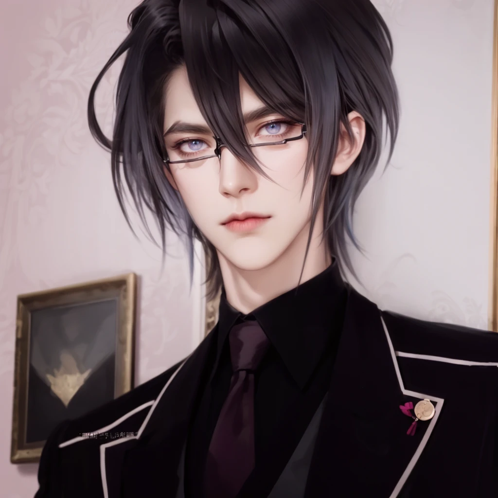 (masterpiece,best quality,ultra_detailed,highres,absurdres),1 mature male, 30-ish, (wide shoulder), (muscular), male focus, solo, dark grey hair, chain, shirt, black necktie, necktie, simple background, dark pink eyes, upper body, vest, long hair, looking at viewer, parted lips, collared shirt, round eyewear, long sleeves, black shirt, black vest, glasses, monocle, jewelry, lawyer, court background.