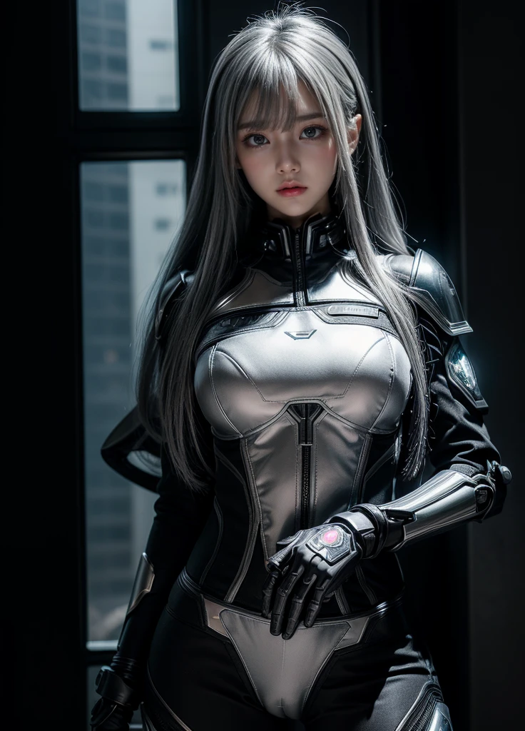 cyber angel,machine wing,{{Sci-Fi Armor}},cyber suit,cyberpunk,science fiction,cyber battle armor,Battledress,Military Uniforms,pants,black military uniform,whole body,Height: 168cm,almond shape eyes,{{{{{silver eyes}}}}},{{{{{dull bangs}}}}},(slanted eyes},{{whole body},{{{1 girl}}}, long hair, straight hair,{{{{silver hair}}}},{{{tsurime}}},30 years old,{Medium chest},{{bush}},silver eyes,{{{masterpiece}}}, {{{highest quality}}}, {{Super detailed}}, {shape}, {{very delicate and beautiful}},very detailed,detailed perfect,detailed hyper,Abundant thighs,big ass,black clothes