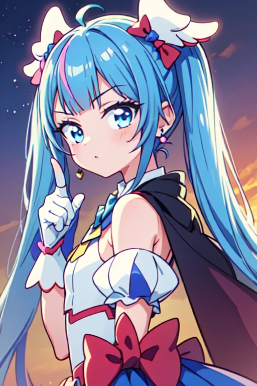 1girl, CURE SKY, DRESS, TWINTAILS, GRADIENT HAIR, AHOGE, BLUNT BANGS, HEAD WINGS, FINGERLESS GLOVES, WHITE SHIRT, PUFFY DETACHED SLEEVES, CAPE, THIGHHIGHS, BLUE LEGWEAR, GEM, SINGLE EARRING, 1girl, solo, upper body, facing viewer, (looking at viewer:1.5), put index finger on mouth, sunset, Residential area,from side,looking at viewer,portrait,nice hands, perfect hands
