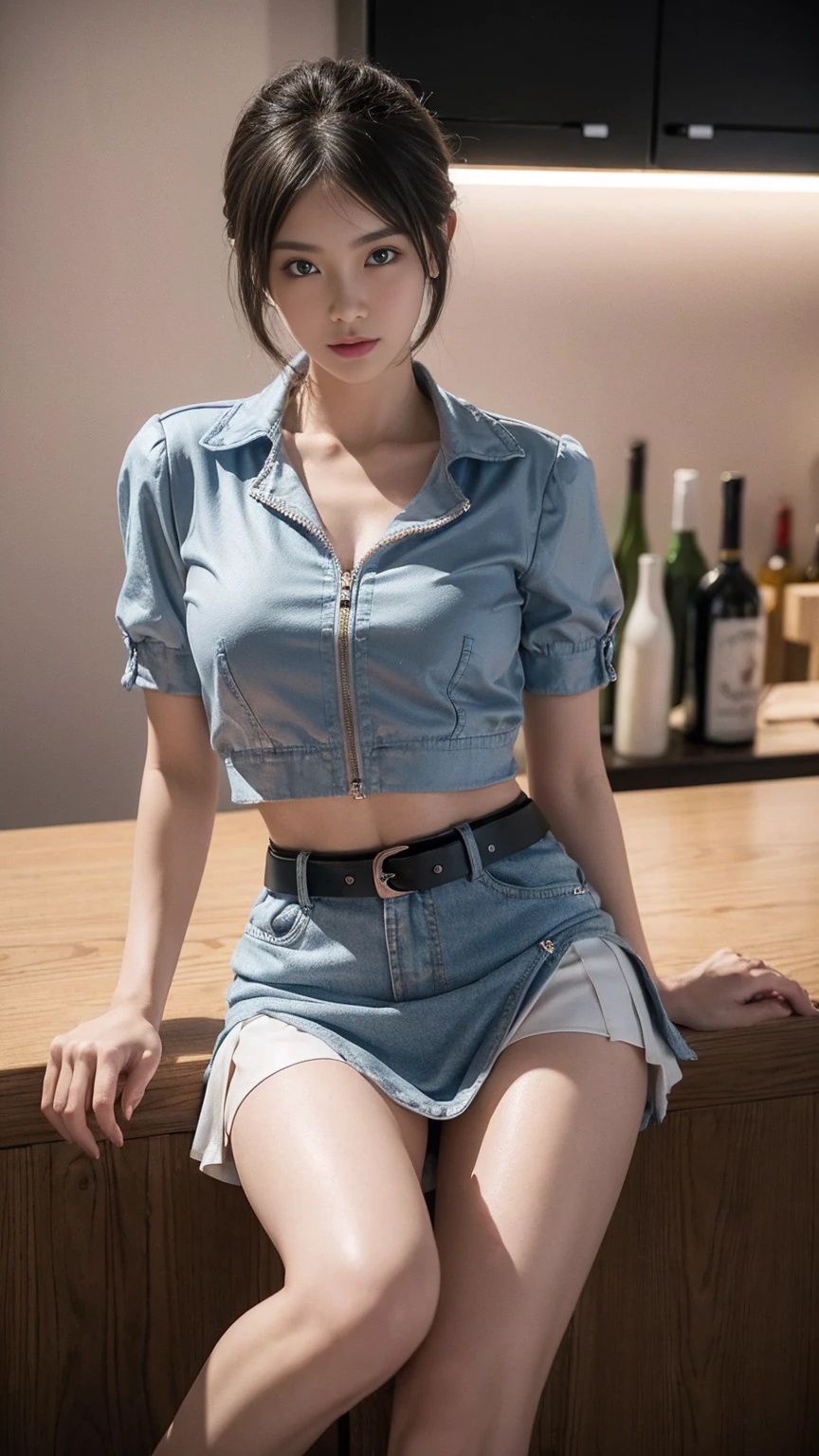 Highest quality, masterpiece, One girl,Photoreal Stik, Beautiful Nora_Valkyrie, View your viewers, smile, short hair, blue eyes,Heart Cutout,  Sexy skimpy jacket, Pink short skirt, Pink Belt, Short sleeve, Puffy sleeves,, Black Hair,  Dynamic pose, night, indoor、At the bar counter、Sit on a chair、 (Articulated lighting), Intricate details, Tone Mapping,(((Punching through the gap between the legs)))、 Sharp focus, Super detailed, Trending on Art Station, Big and slender body 